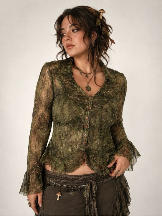 Vintage Tops - Goblincore Fairycore Green Lace Blouse Sheer Ruffle Sleeve Forestcore Y2K Hobbit